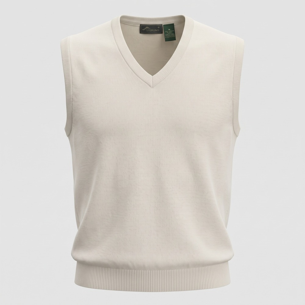 Sterling Mens Medium Cream Sweater Vest V-Neck Cotton Knit Sleeveless